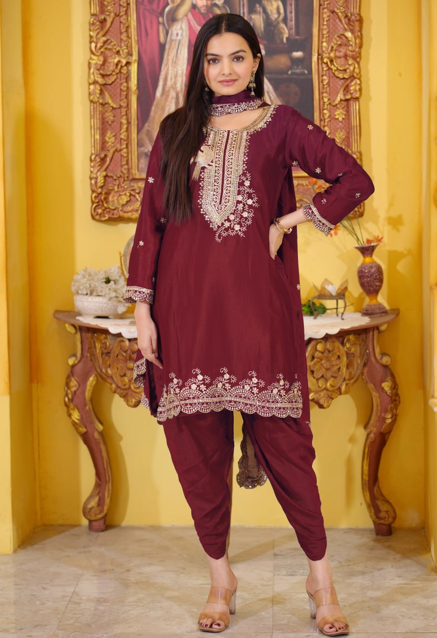 Teeya Creation Maroon Color Chinnon Silk Heavy Embroidery Work Fully Stitched Dhoti Suit