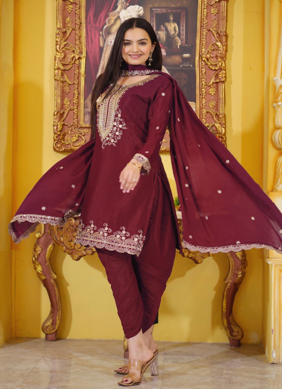 Teeya Creation Maroon Color Chinnon Silk Heavy Embroidery Work Fully Stitched Dhoti Suit