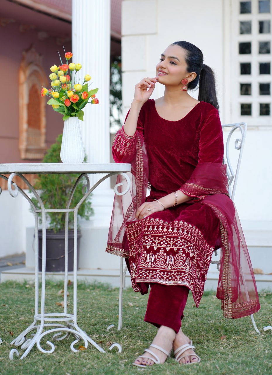 Teeya Creation Red Color Viscose Velvet Heavy Embroidery Work Fully Stitched Salwar Suit
