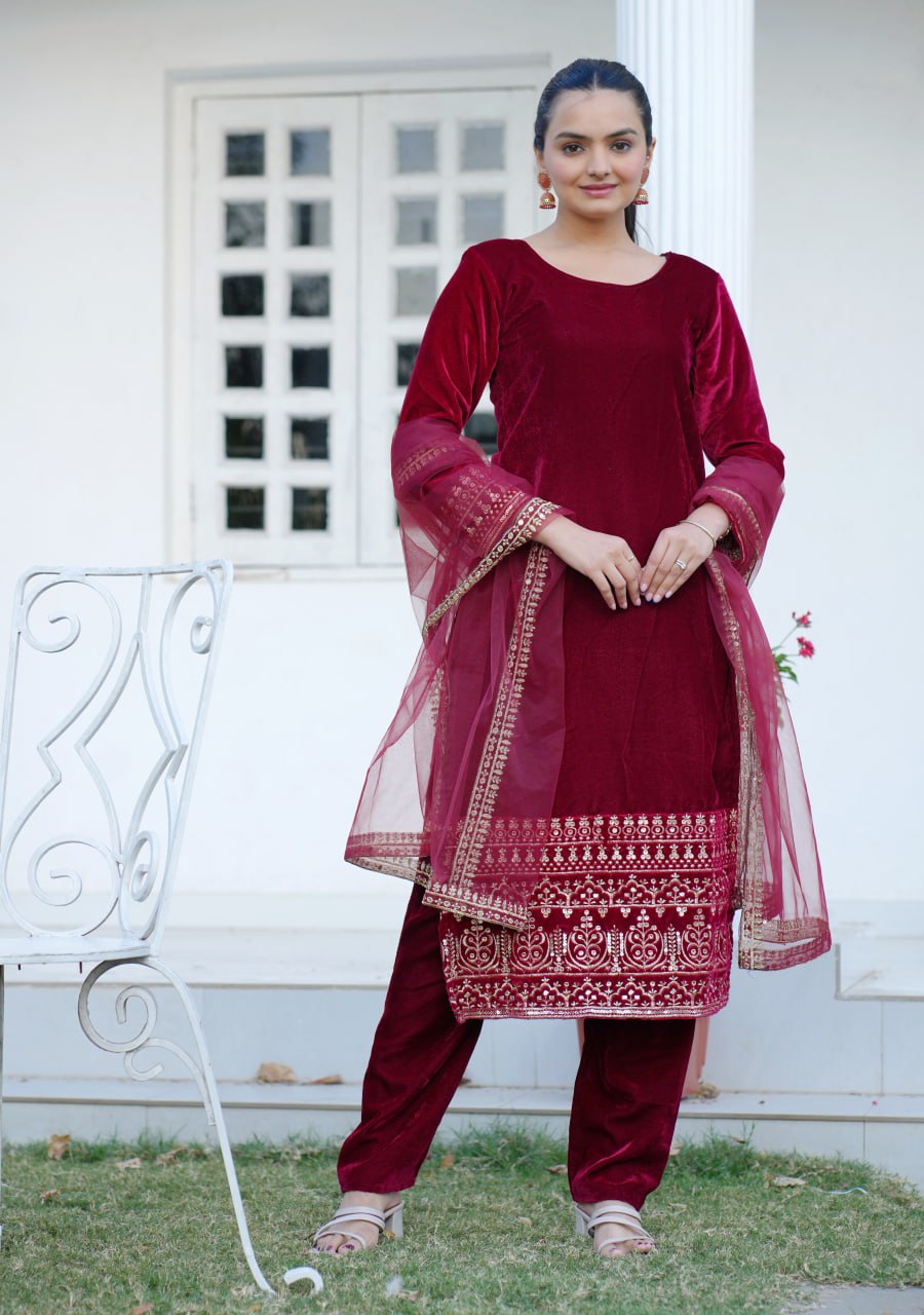 Teeya Creation Red Color Viscose Velvet Heavy Embroidery Work Fully Stitched Salwar Suit