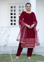 Teeya Creation Red Color Viscose Velvet Heavy Embroidery Work Fully Stitched Salwar Suit
