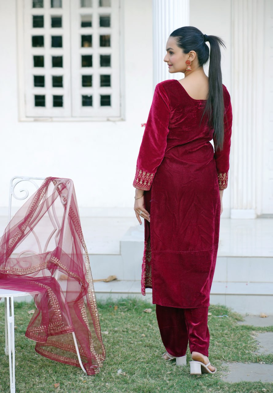 Teeya Creation Red Color Viscose Velvet Heavy Embroidery Work Fully Stitched Salwar Suit