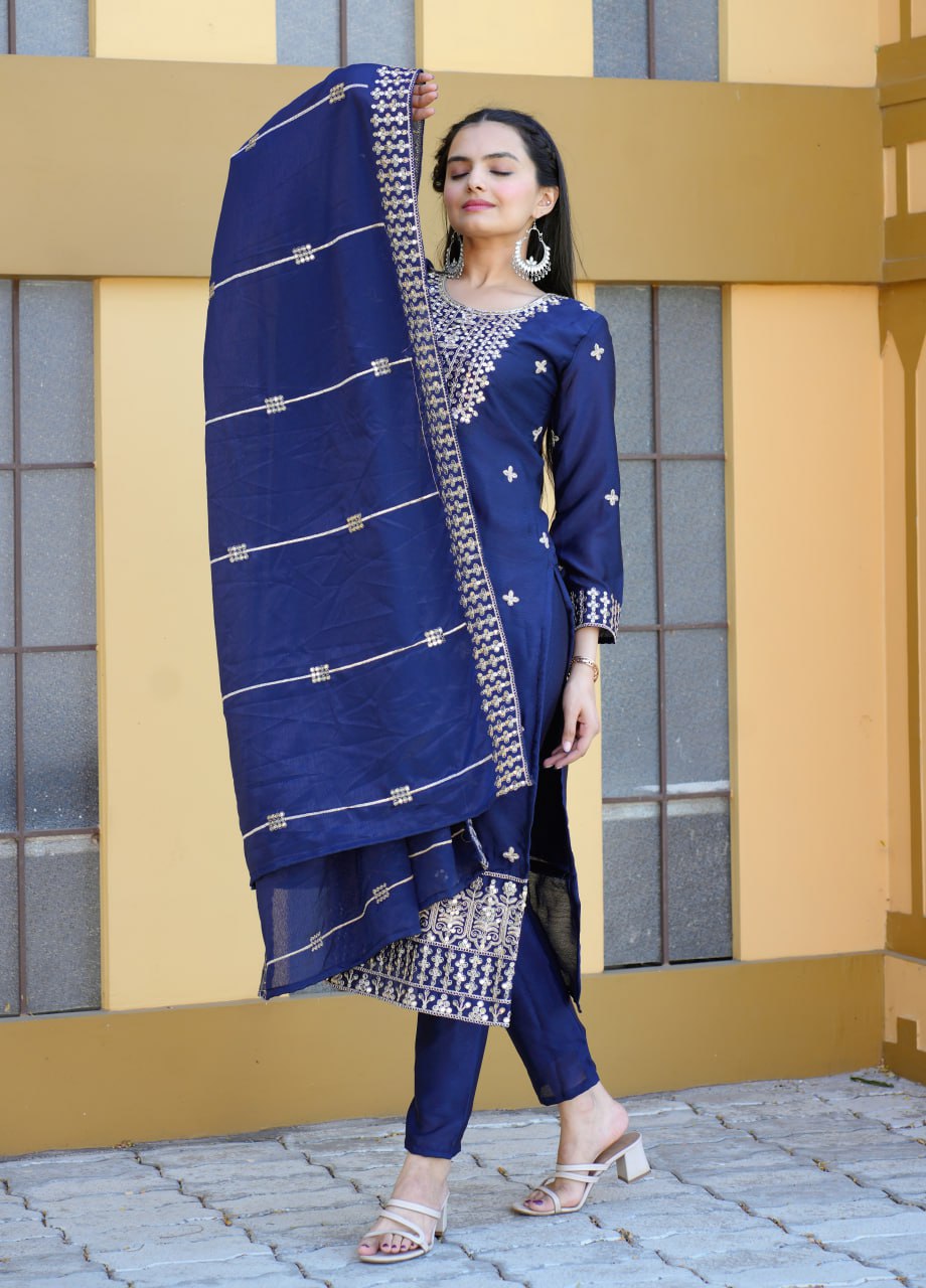 Teeya Creation Blue Color Chinnon Silk Heavy Embroidery Work Fully Stitched Salwar Suit