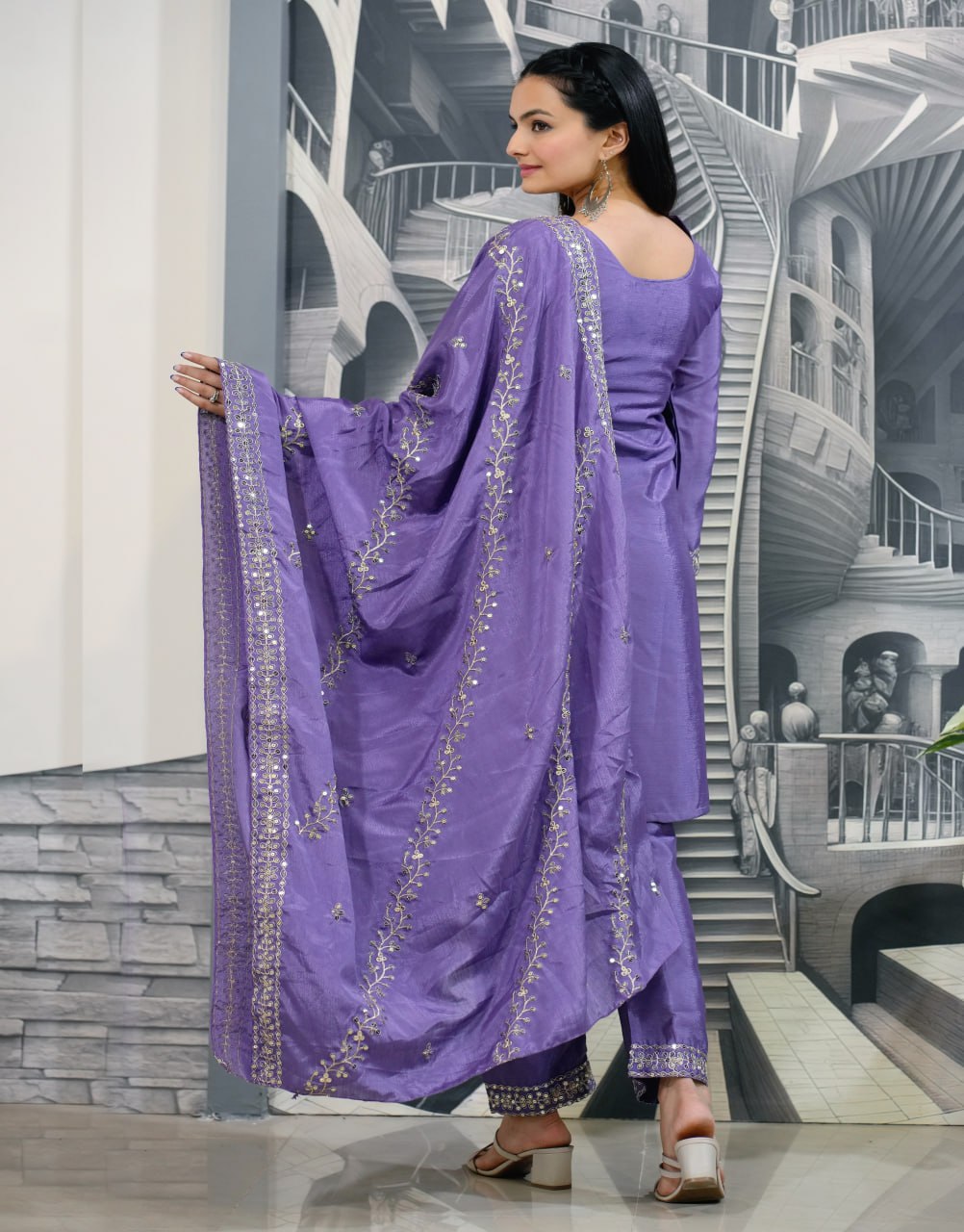 Teeya Creation Lavender Color Chinnon Silk Heavy Embroidery Work Fully Stitched Salwar Suit