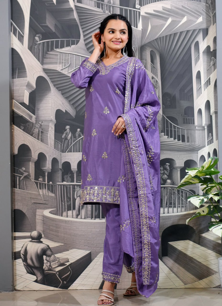 Teeya Creation Lavender Color Chinnon Silk Heavy Embroidery Work Fully Stitched Salwar Suit