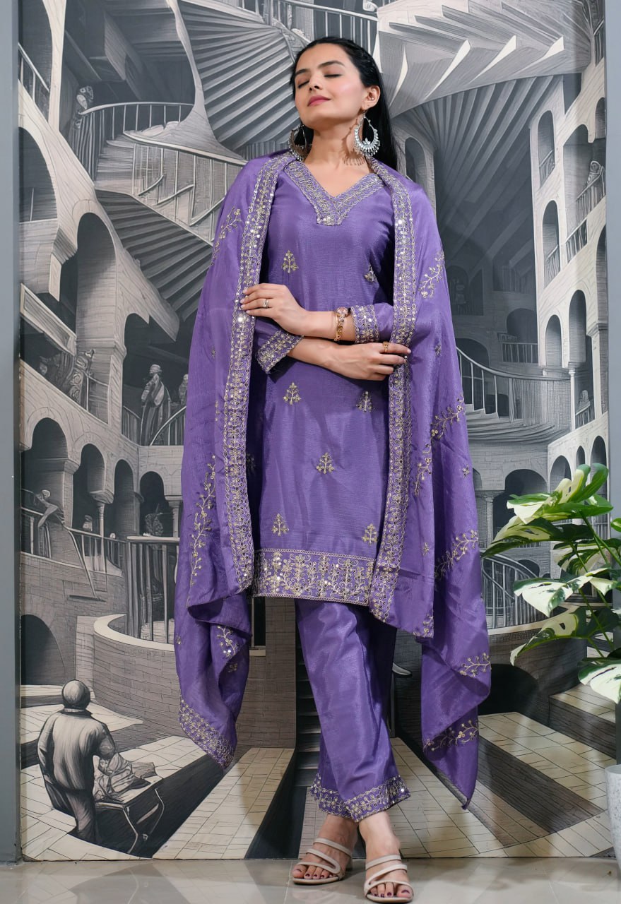 Teeya Creation Lavender Color Chinnon Silk Heavy Embroidery Work Fully Stitched Salwar Suit