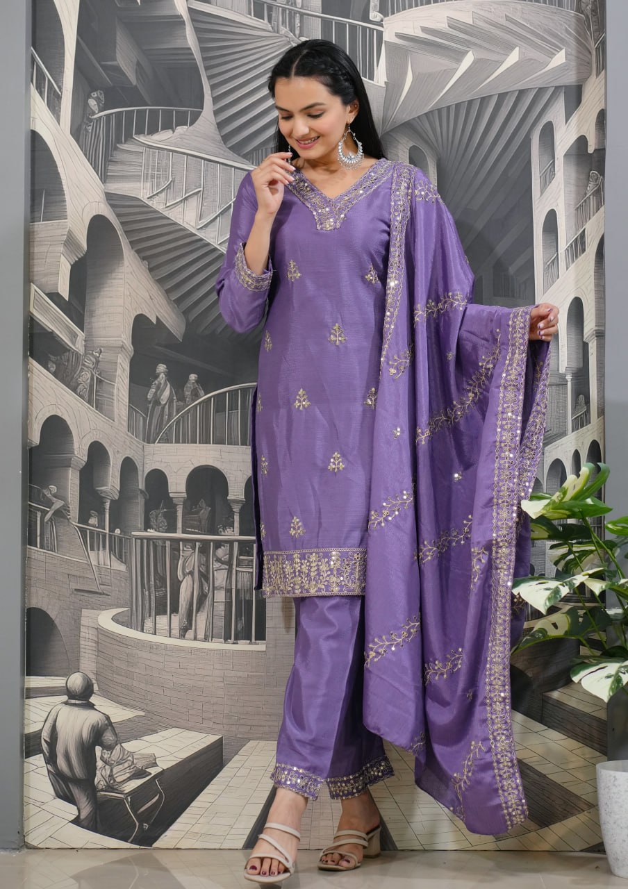 Teeya Creation Lavender Color Chinnon Silk Heavy Embroidery Work Fully Stitched Salwar Suit