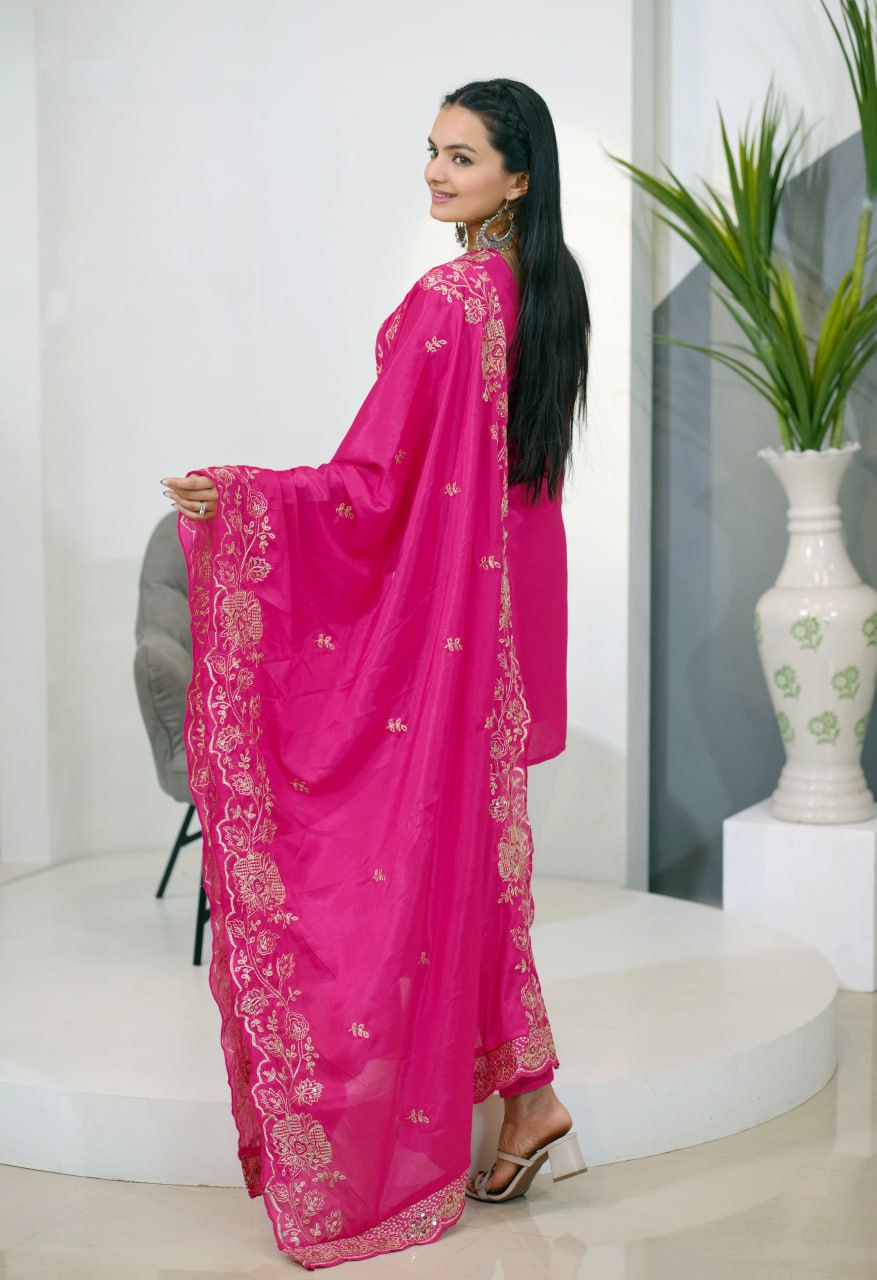 Teeya Creation Pink Color Chinnon Silk Heavy Embroidery Work Fully Stitched Salwar Suit