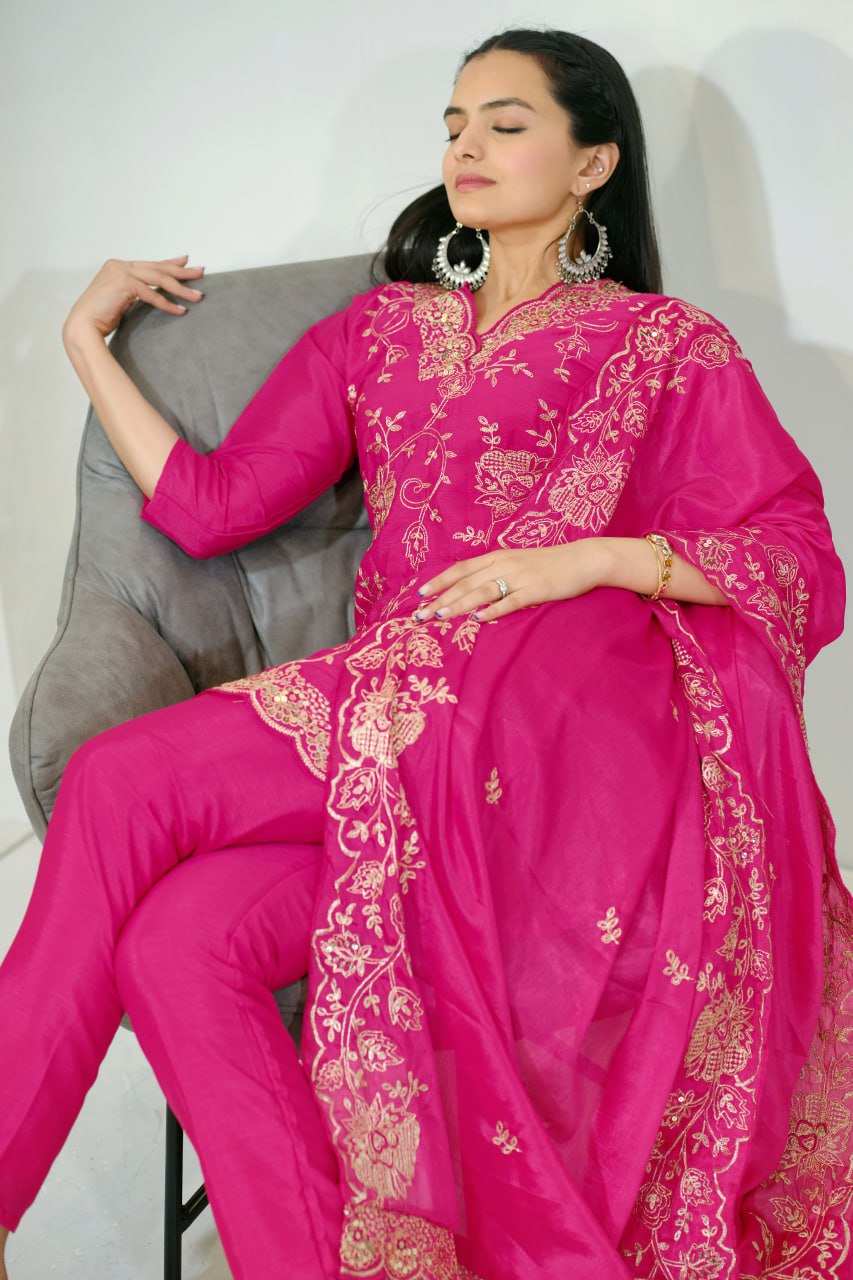 Teeya Creation Pink Color Chinnon Silk Heavy Embroidery Work Fully Stitched Salwar Suit