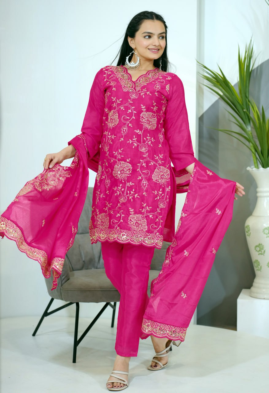 Teeya Creation Pink Color Chinnon Silk Heavy Embroidery Work Fully Stitched Salwar Suit