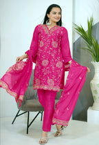 Teeya Creation Pink Color Chinnon Silk Heavy Embroidery Work Fully Stitched Salwar Suit