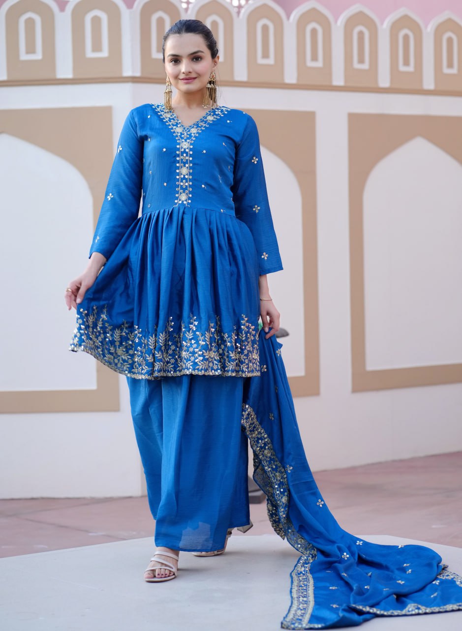 Teeya Creation Blue Color Chinnon Silk Heavy Embroidery Work Fully Stitched Salwar Suit - Distacart