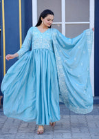 Teeya Creation Sky Blue Color Chinnon Silk Heavy Embroidery Work Fully Stitched Salwar Suit