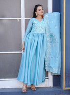 Teeya Creation Sky Blue Color Chinnon Silk Heavy Embroidery Work Fully Stitched Salwar Suit