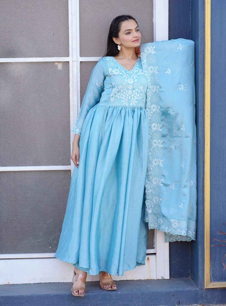 Teeya Creation Sky Blue Color Chinnon Silk Heavy Embroidery Work Fully Stitched Salwar Suit