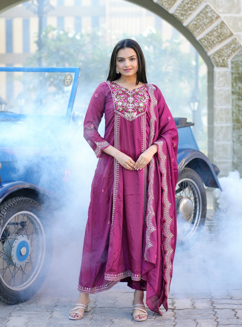 Teeya Creation Wine Color Chinnon Silk Heavy Embroidery Work Fully Stitched Salwar Suit