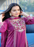 Teeya Creation Wine Color Chinnon Silk Heavy Embroidery Work Fully Stitched Salwar Suit
