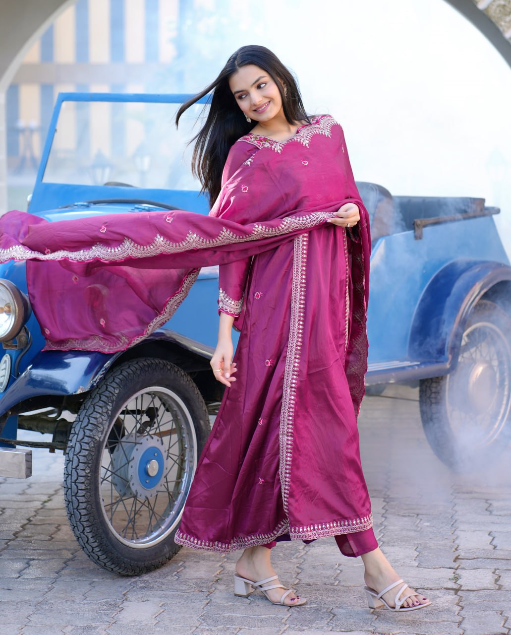 Teeya Creation Wine Color Chinnon Silk Heavy Embroidery Work Fully Stitched Salwar Suit