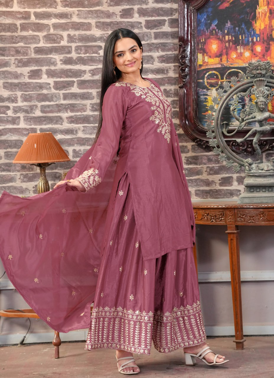 Teeya Creation Rosewood Color Chinnon Silk Heavy Embroidery Work Fully Stitched Sharara Suit
