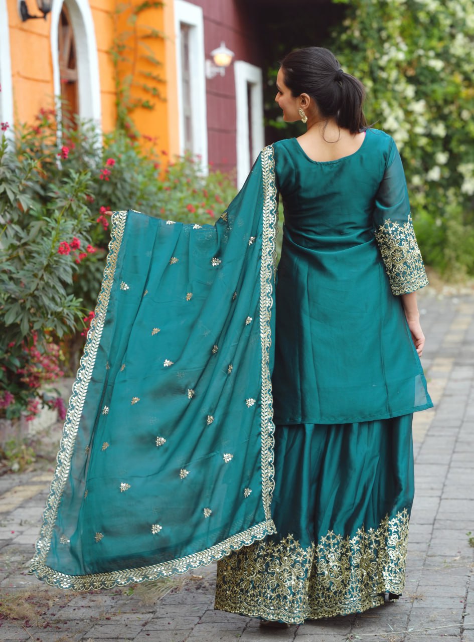 Teeya Creation Dark Teal Color Rangoli Silk Heavy Embroidery Work Fully Stitched Suit