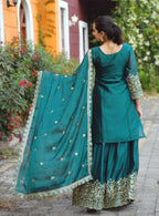Teeya Creation Dark Teal Color Rangoli Silk Heavy Embroidery Work Fully Stitched Suit
