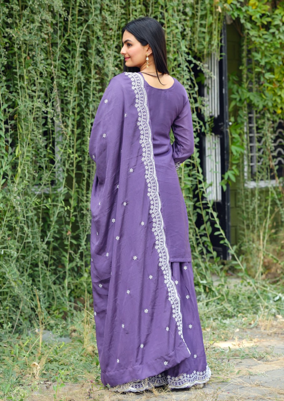 Teeya Creation Lavender Color Chinnon Silk Heavy Embroidery Work Fully Stitched Sharara Suit