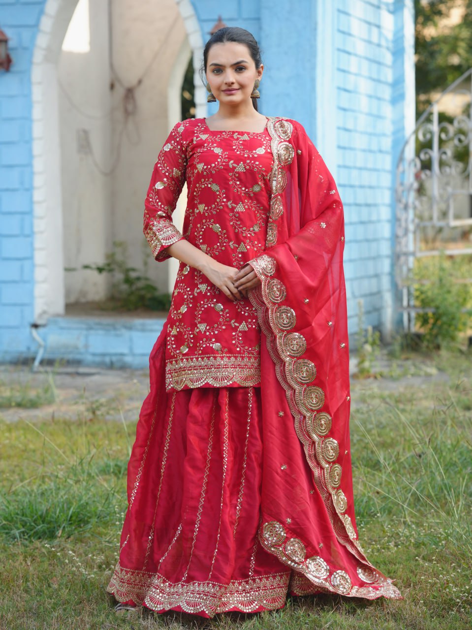 Teeya Creation Red Color Rangoli Silk Heavy Embroidery Work Fully Stitched Suit - Distacart