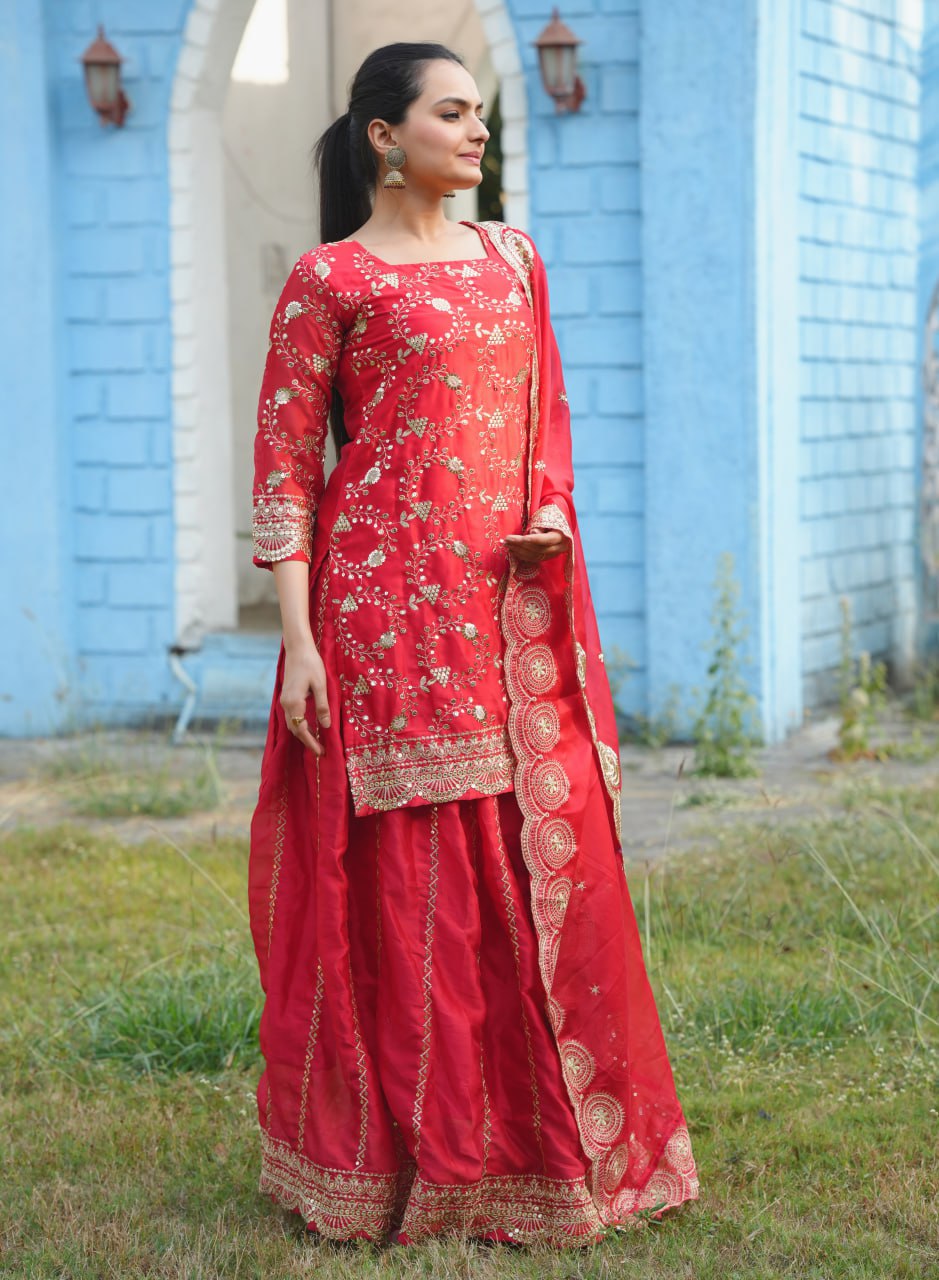 Teeya Creation Red Color Rangoli Silk Heavy Embroidery Work Fully Stitched Suit - Distacart