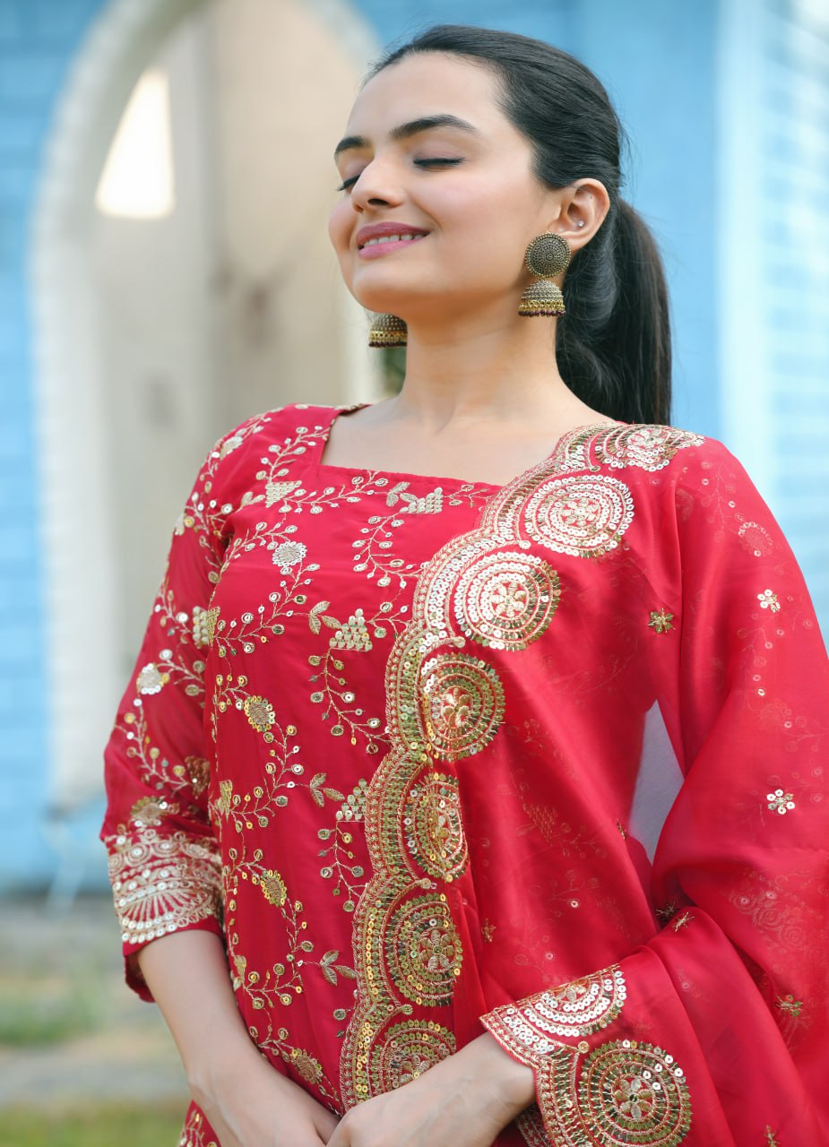 Teeya Creation Red Color Rangoli Silk Heavy Embroidery Work Fully Stitched Suit - Distacart