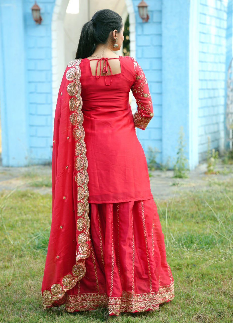 Teeya Creation Red Color Rangoli Silk Heavy Embroidery Work Fully Stitched Suit - Distacart