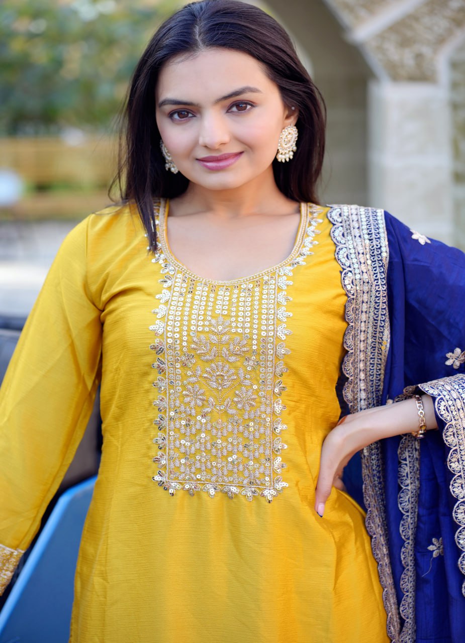 Teeya Creation Yellow Color Chinnon Silk Heavy Embroidery Work Fully Stitched Salwar Suit