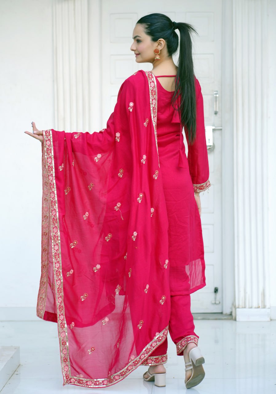 Teeya Creation Rani Color Vichitra Silk Heavy Embroidery Work Fully Stitched Salwar Suit