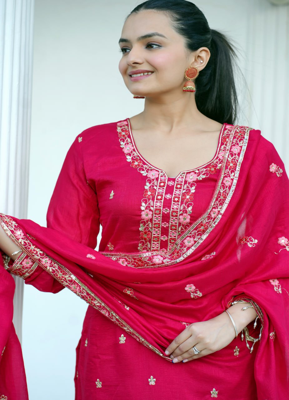 Teeya Creation Rani Color Vichitra Silk Heavy Embroidery Work Fully Stitched Salwar Suit