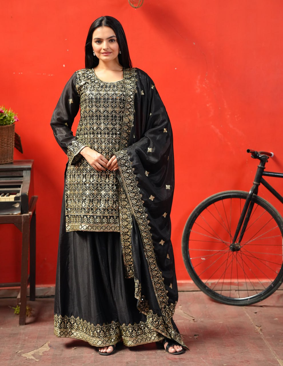 Teeya Creation Black Color Chinnon Silk Heavy Embroidery Work Fully Stitched Sharara Suit