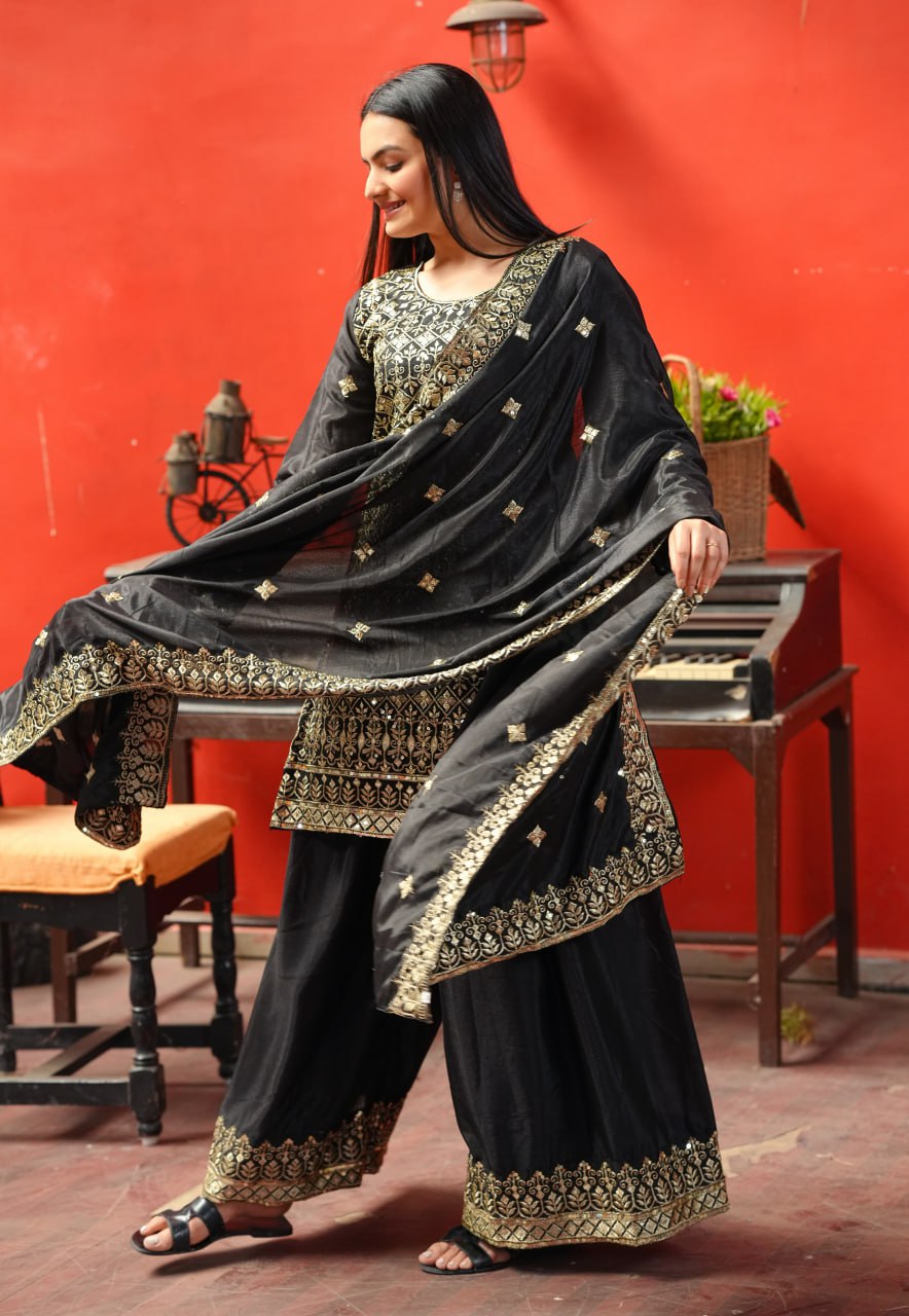 Teeya Creation Black Color Chinnon Silk Heavy Embroidery Work Fully Stitched Sharara Suit