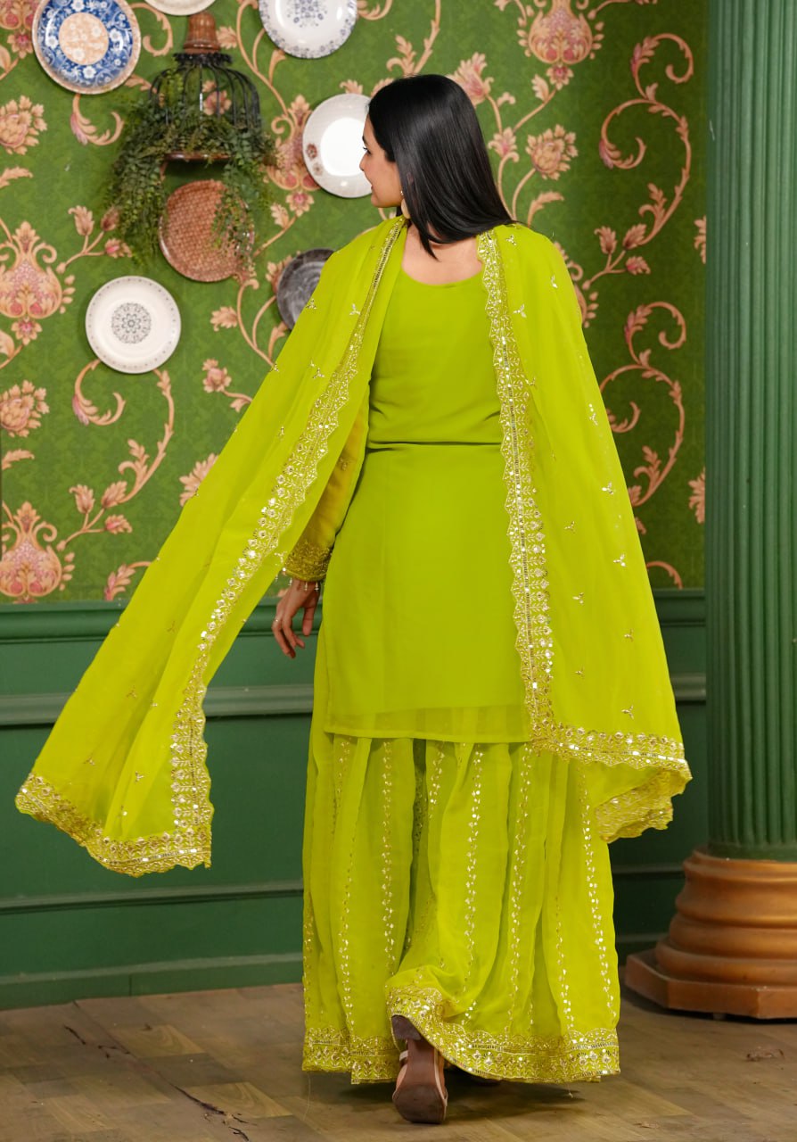 Teeya Creation Olive Color Georgette Heavy Embroidery Work Fully Stitched Sharara Suit