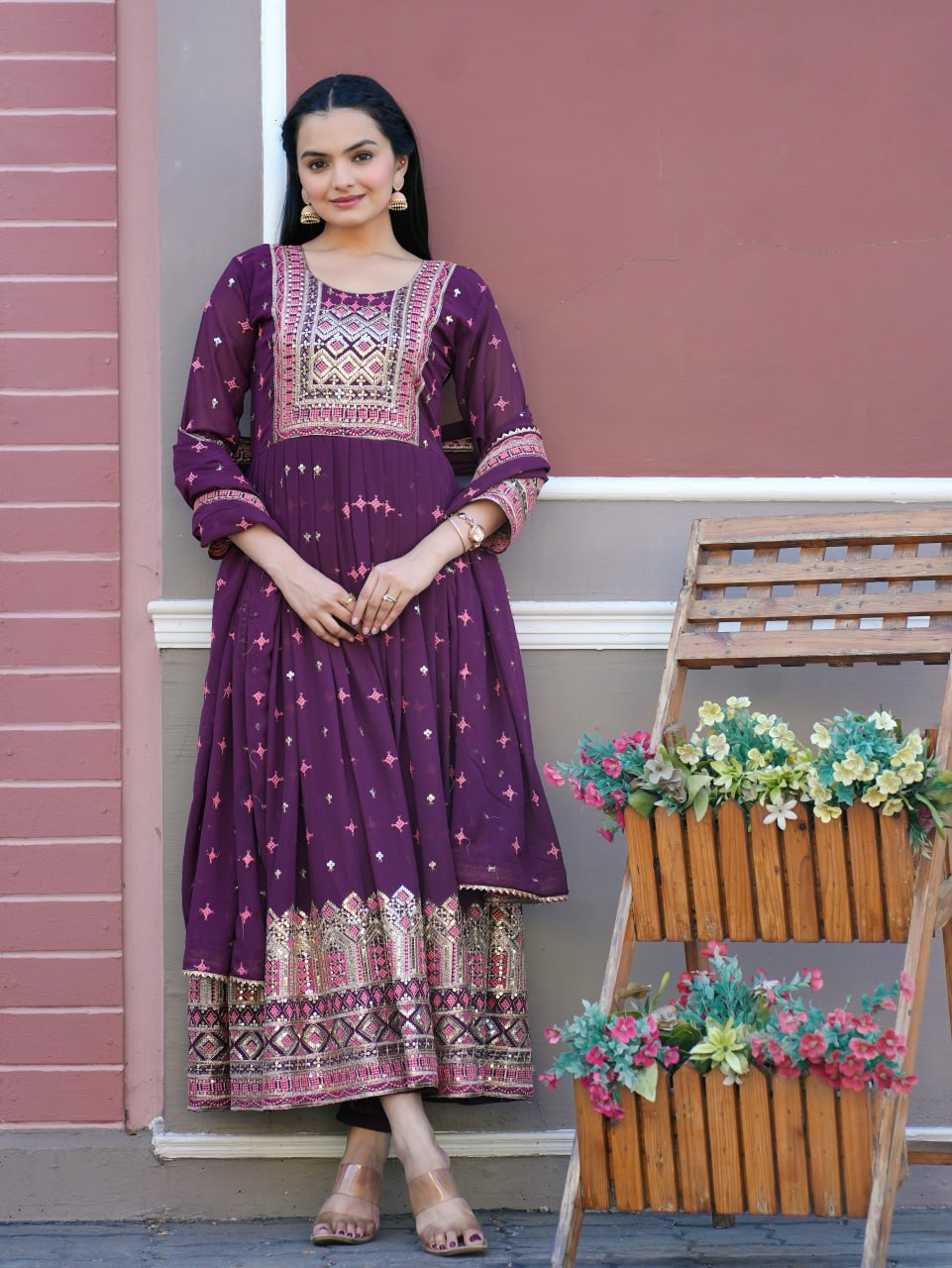 Teeya Creation Olive Color Faux Georgette Heavy Embroidery Work Fully Stitched Sharara Suit