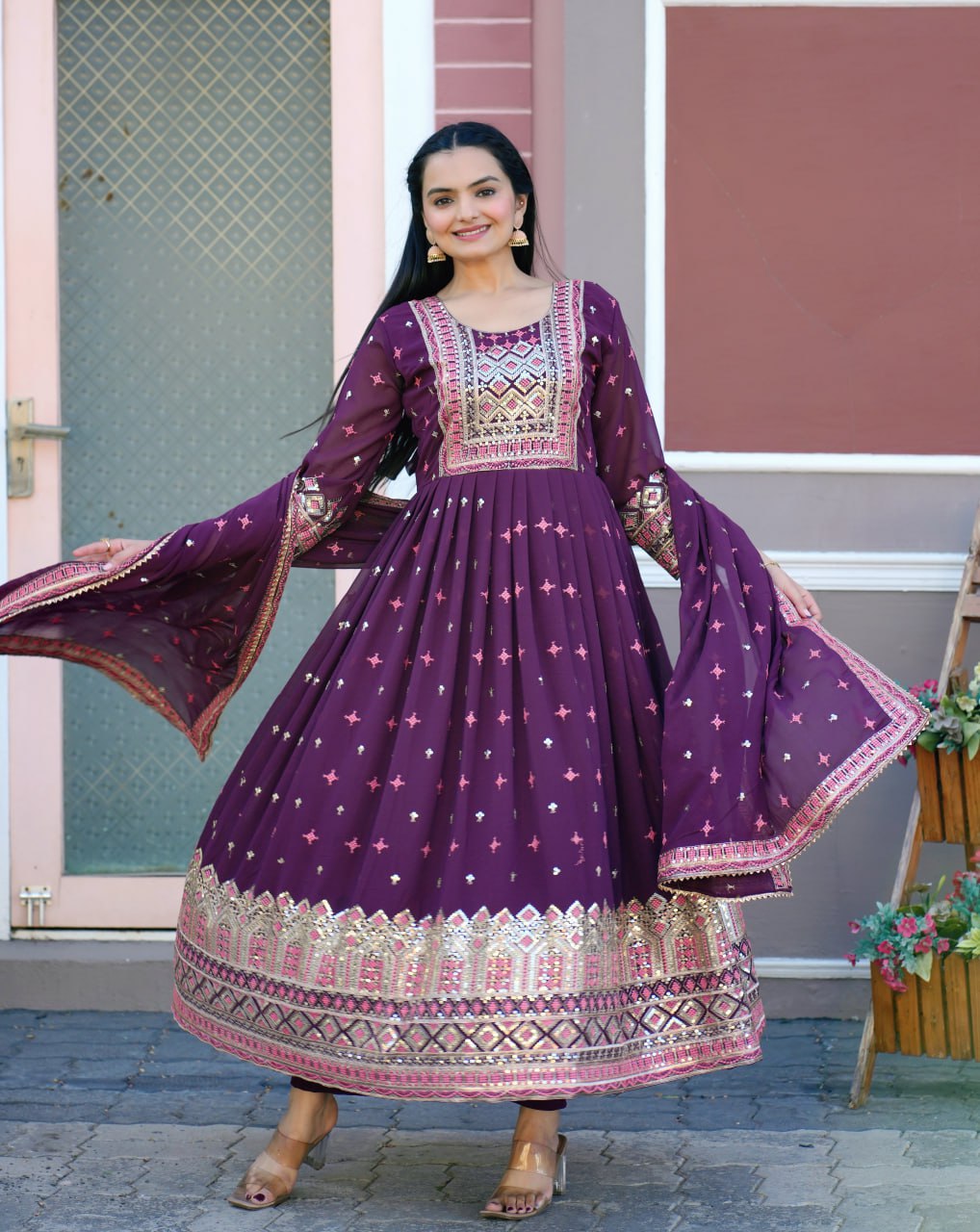 Teeya Creation Olive Color Faux Georgette Heavy Embroidery Work Fully Stitched Sharara Suit
