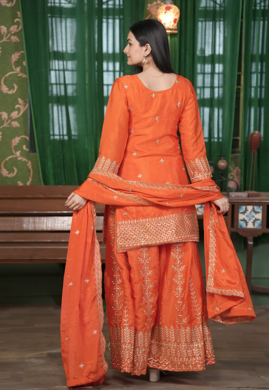 Teeya Creation Orange Color Chinnon Silk Heavy Embroidery Work Fully Stitched Sharara Suit
