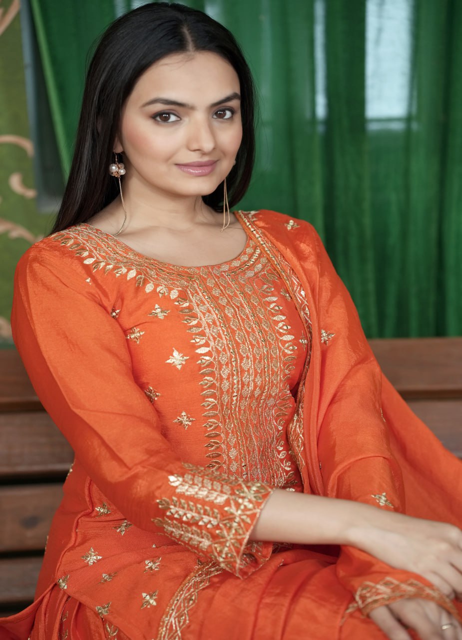 Teeya Creation Orange Color Chinnon Silk Heavy Embroidery Work Fully Stitched Sharara Suit