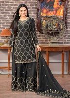 Teeya Creation Black Color Chinnon Silk Heavy Embroidery Work Fully Stitched Sharara Suit