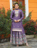 Teeya Creation Dark Lavender Color Chinnon Silk Heavy Embroidery Work Fully Stitched Sharara Suit