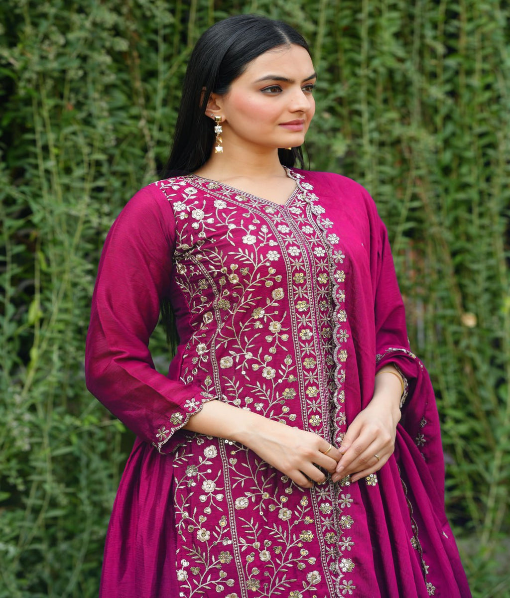 Teeya Creation Rani Color Chinnon Silk Heavy Embroidery Work Fully Stitched Sharara Suit
