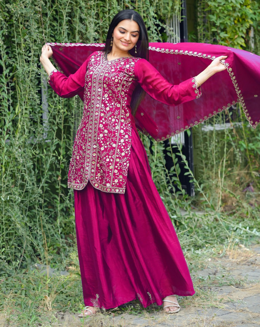 Teeya Creation Rani Color Chinnon Silk Heavy Embroidery Work Fully Stitched Sharara Suit