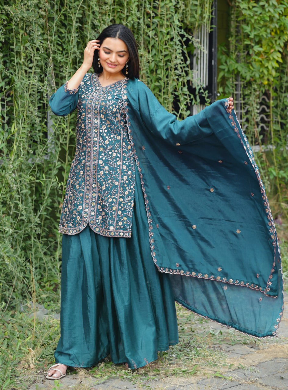 Prazu Fashion Morpich Chinon Silk Embroidered Sharara Suit - Distacart