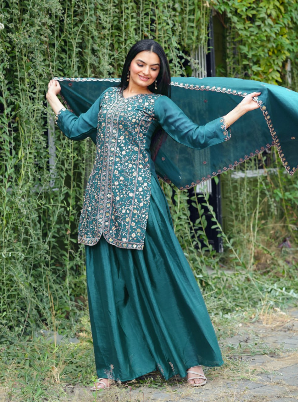 Prazu Fashion Morpich Chinon Silk Embroidered Sharara Suit - Distacart