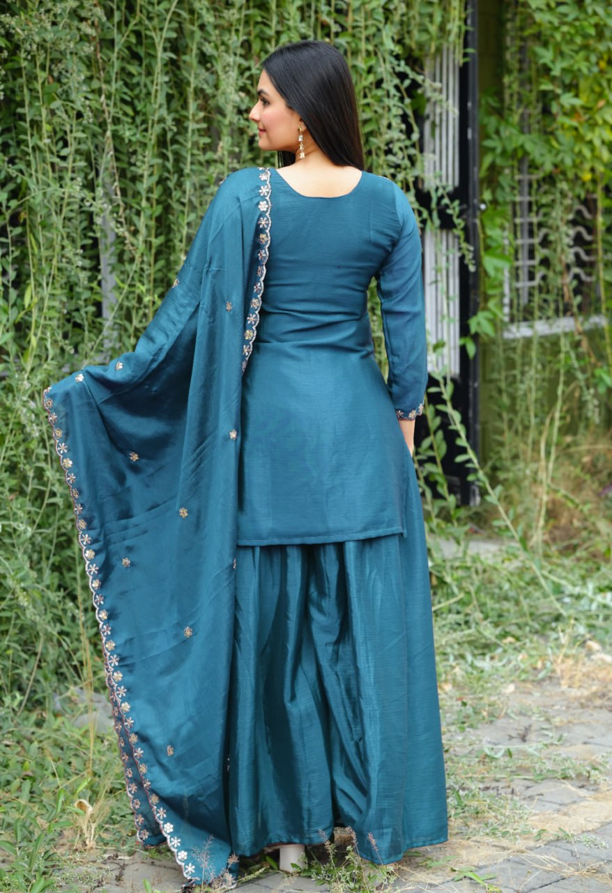 Prazu Fashion Morpich Chinon Silk Embroidered Sharara Suit - Distacart