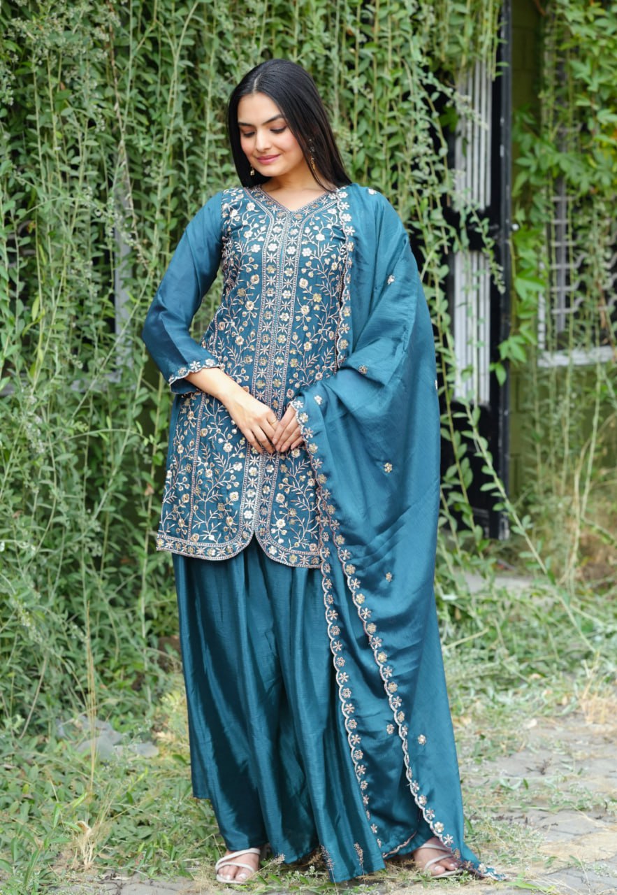 Prazu Fashion Morpich Chinon Silk Embroidered Sharara Suit - Distacart