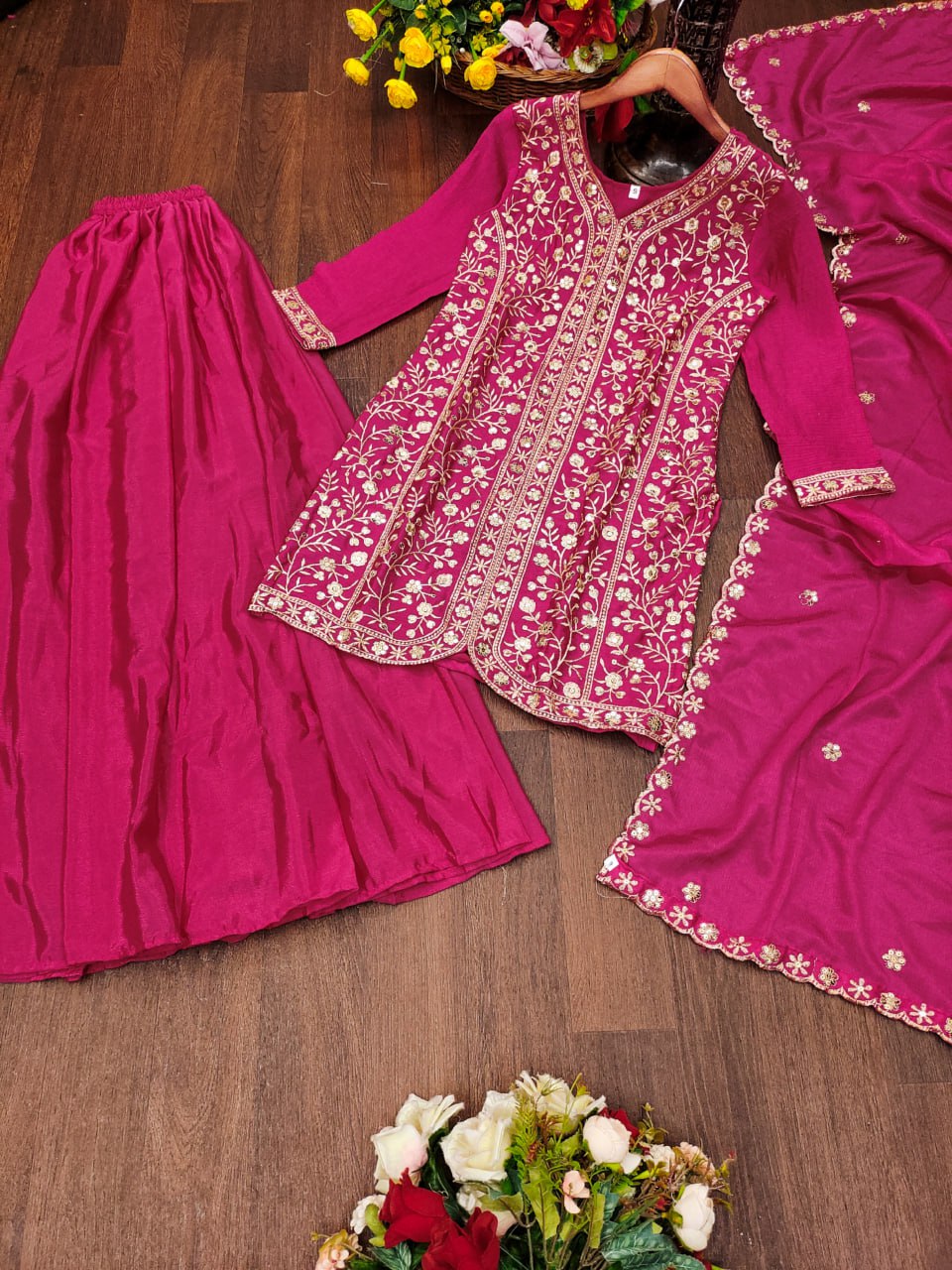 Prazu Fashion Pink Chinon Silk Sequence Embroidered Sharara Suit - Distacart