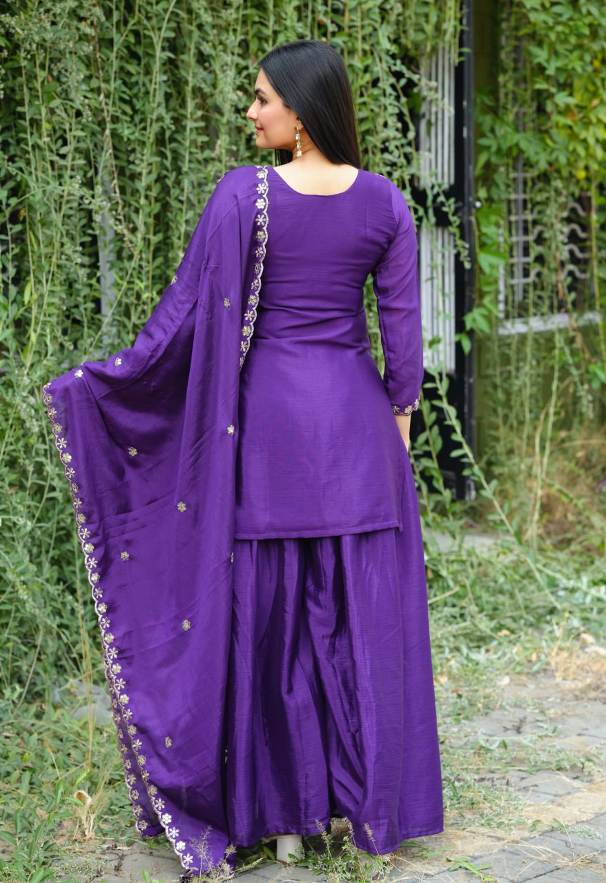 Prazu Fashion Violet Chinon Silk Sequence Embroidered Sharara Suit - Distacart